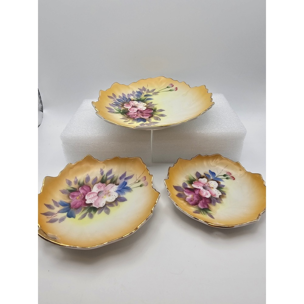 VTG Pauls Gifts Hand Painted Porcelain Leaf Trinket Dish Set 3 Gold Trim- 6 sets